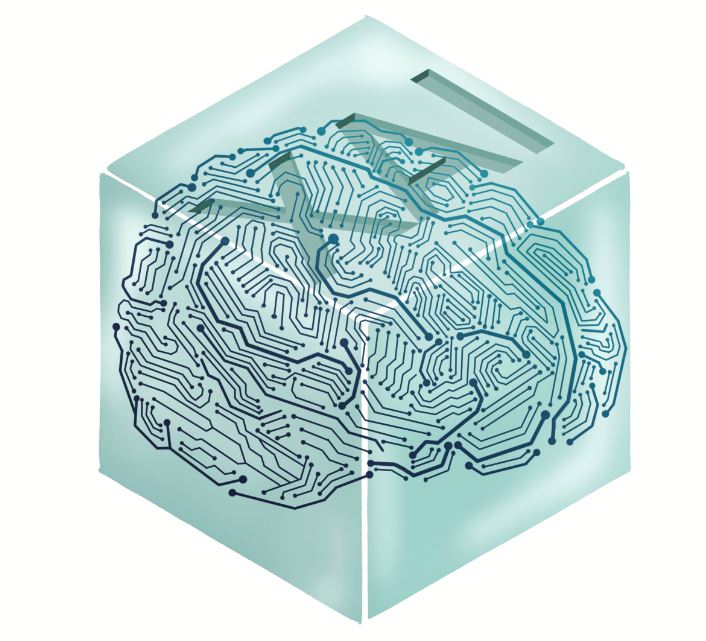 A visual representation of XAI.
 A clear white box model containing a digitized brain, with the letters X, A & I etched on the top of the box