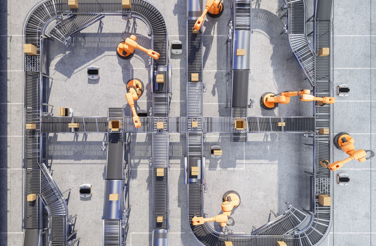 Top View Of Robotic Arms Working On Conveyor Belt In Automatic Warehouse 
stock photo