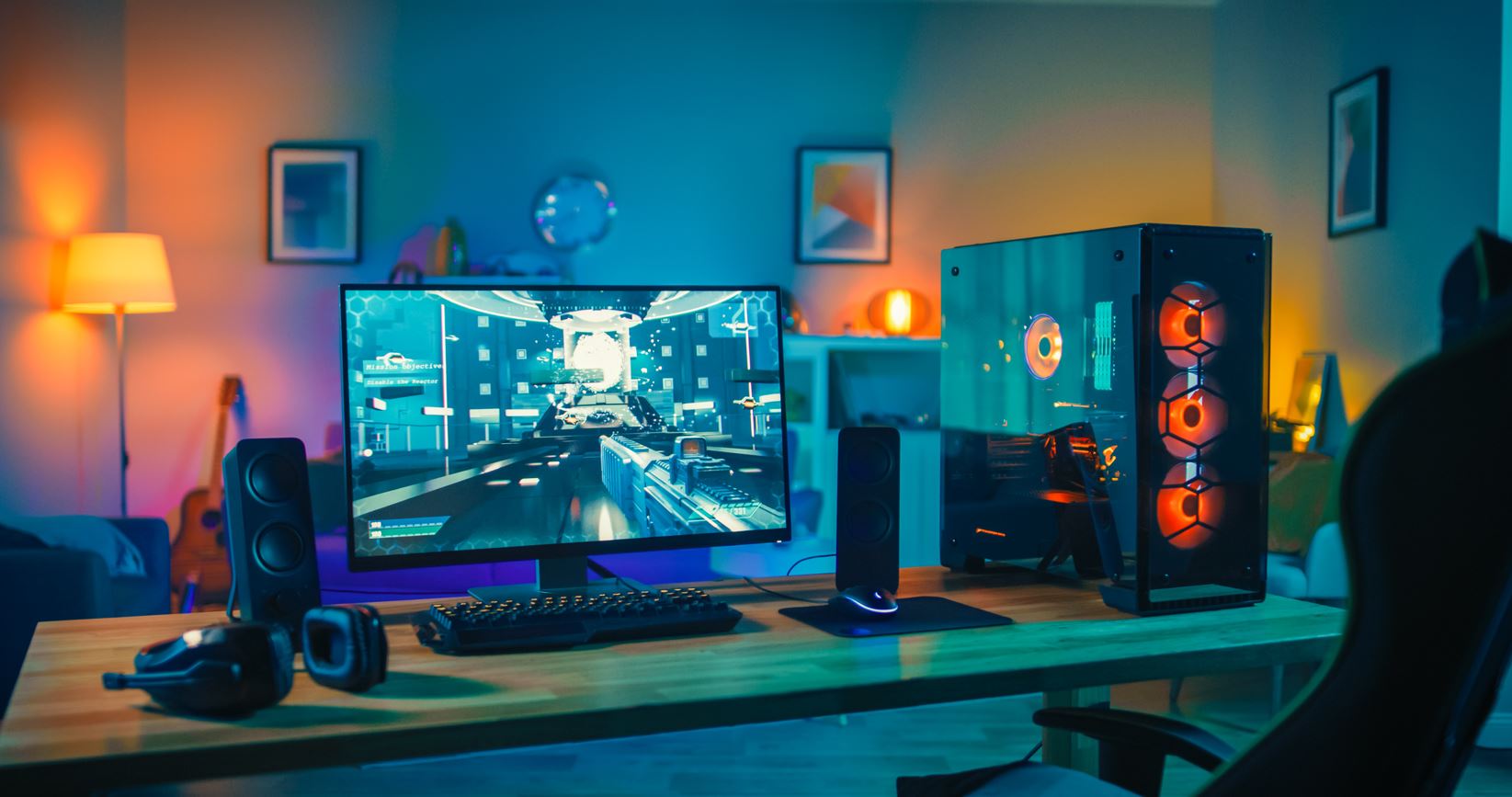gamer-desk with tower monitor and headset.JPG