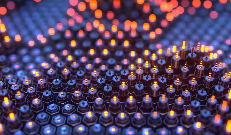 Technical cluster of glowing hex tubes 3D render illustration stock photo