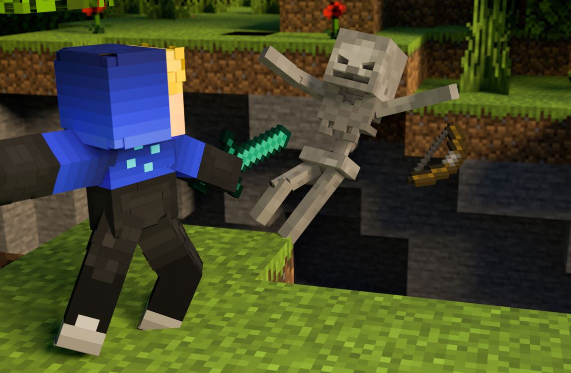 Minecraft person attacking a skeleton that is falling in a ravine stock photo