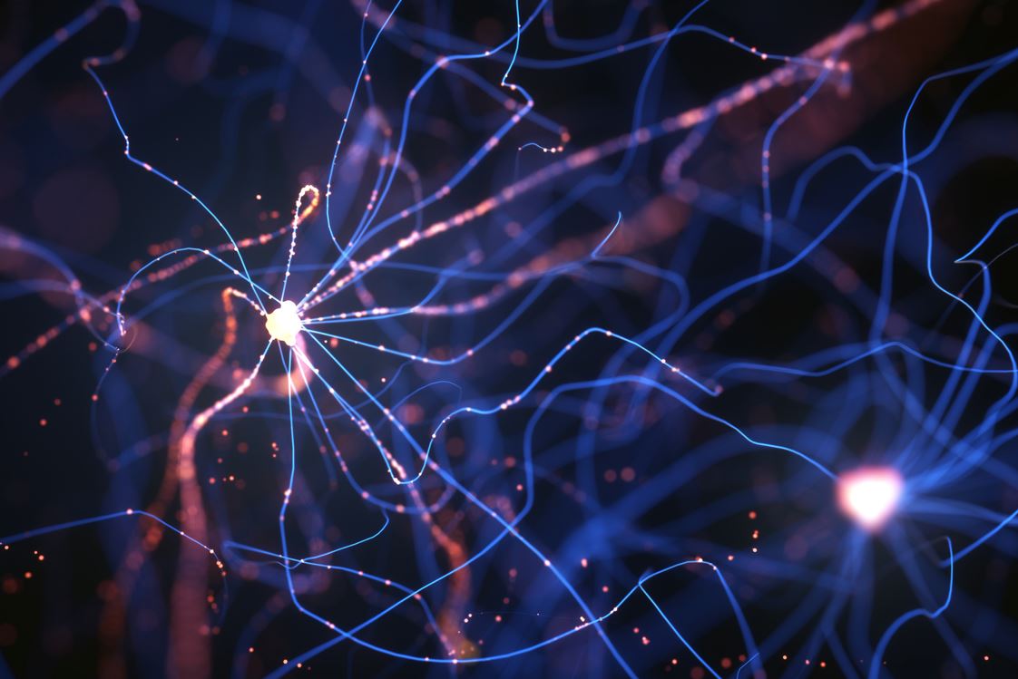 3D illustration of Interconnected neurons with electrical pulses.
