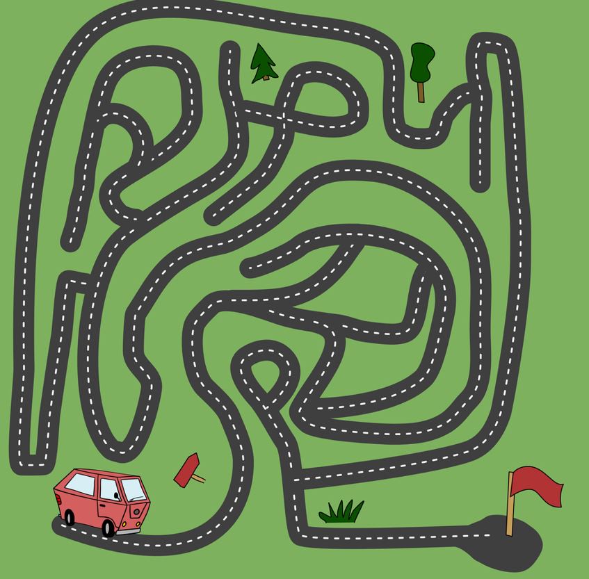 Complicated maze, labyrinth game with red car van, cartoon vector illustration.
 Challenge to find a way for the car to the finish on the road.
 stock illustration