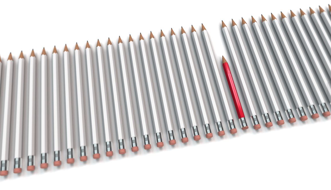 conceptual work or business image with salient red pencil as symbol for diligence in a row of lazy pencils