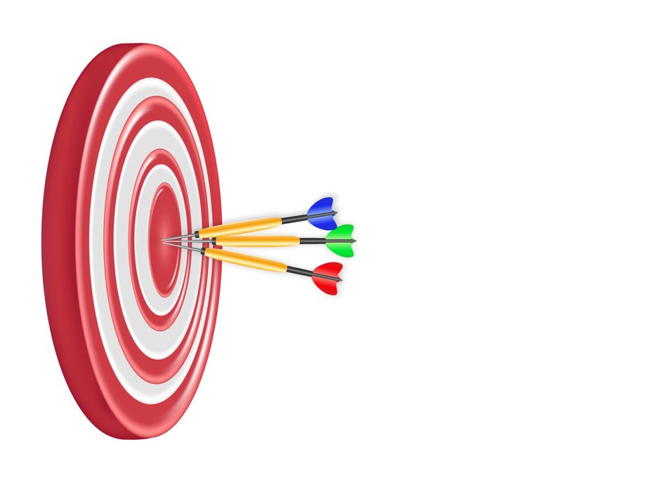Darts hitting a red target on the center isolated on white background