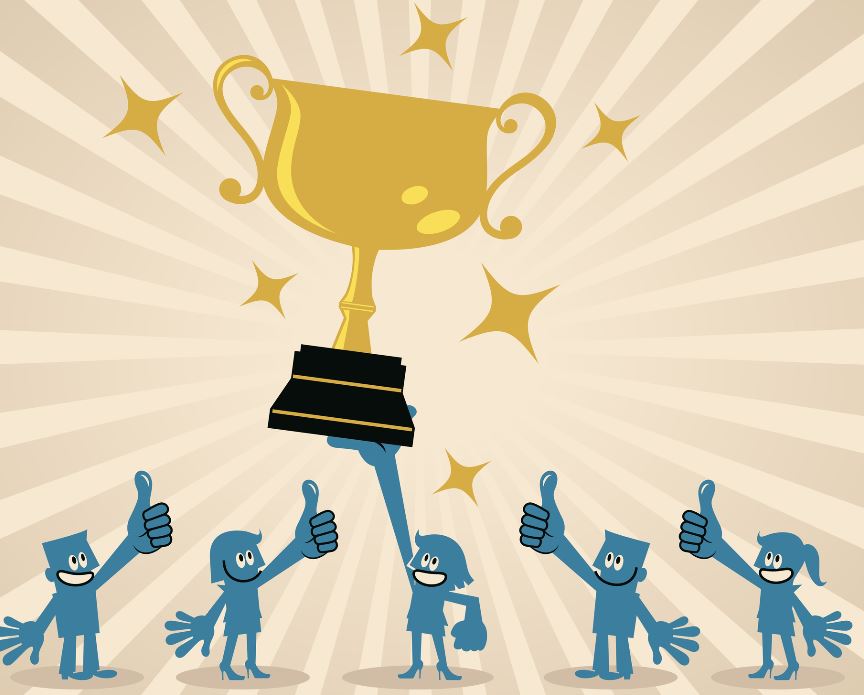 Blue Little Characters Vector Art Illustration.
 Successful female business leader lifting a trophy leading a team.