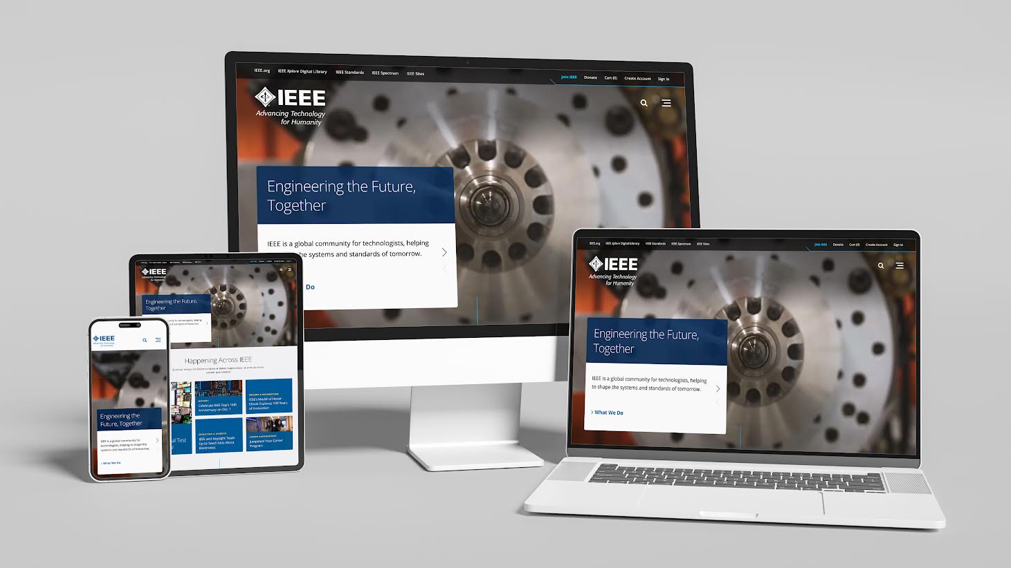 IEEE website displayed on a desktop, laptop, tablet, and mobile phone.