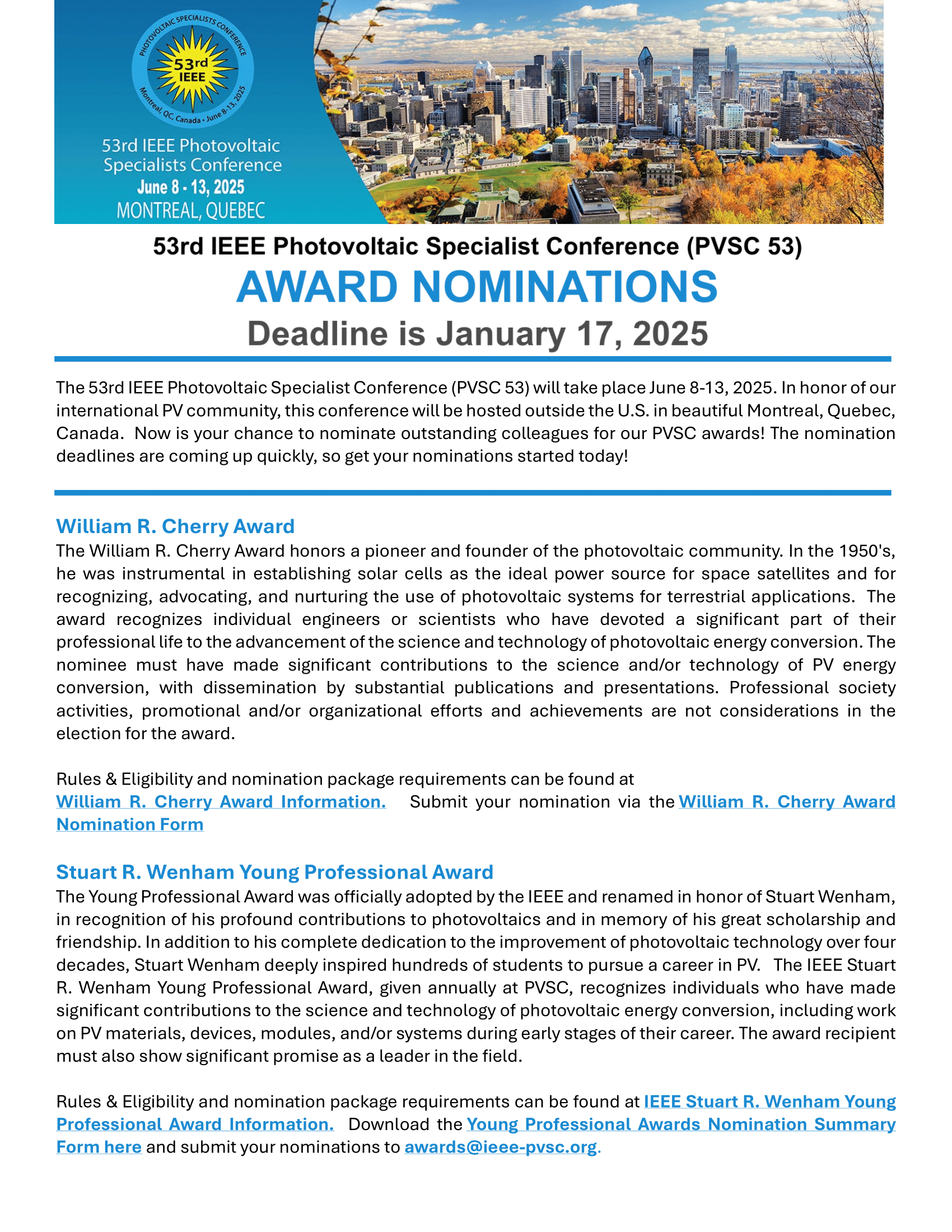 Award nominations for PVSC 53